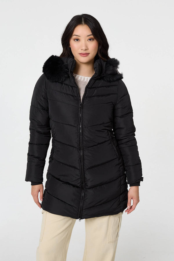 Black | Faux Fur Hooded Longline Puffer Jacket
