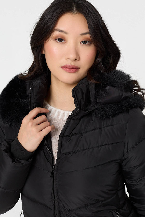 Black | Faux Fur Hooded Longline Puffer Jacket
