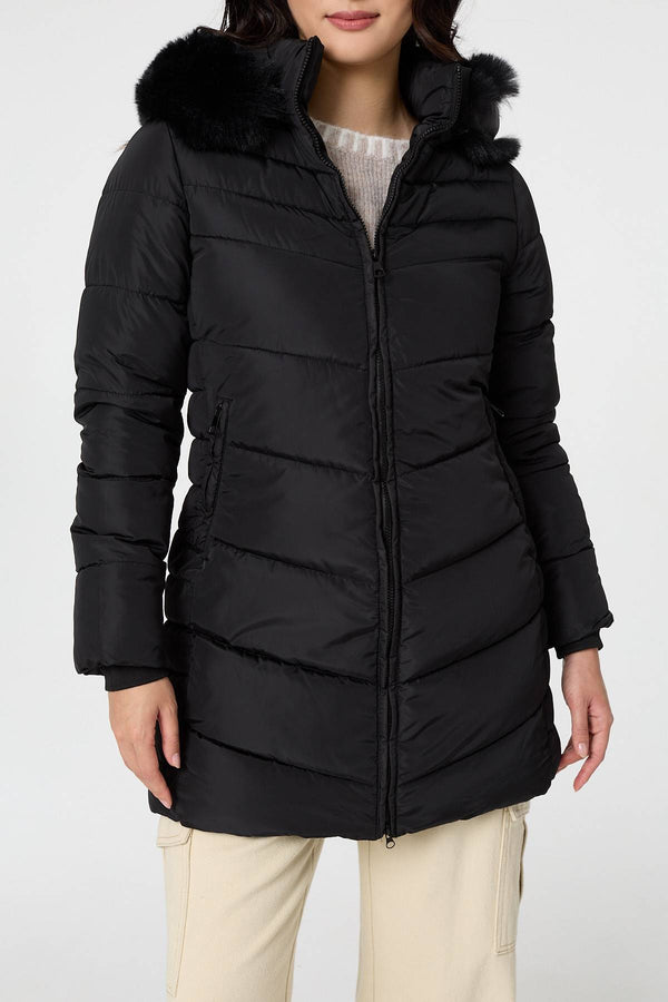 Black | Faux Fur Hooded Longline Puffer Jacket
