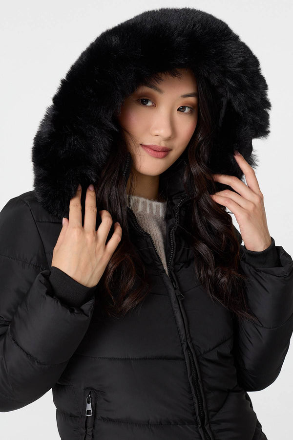Black | Faux Fur Hooded Longline Puffer Jacket
