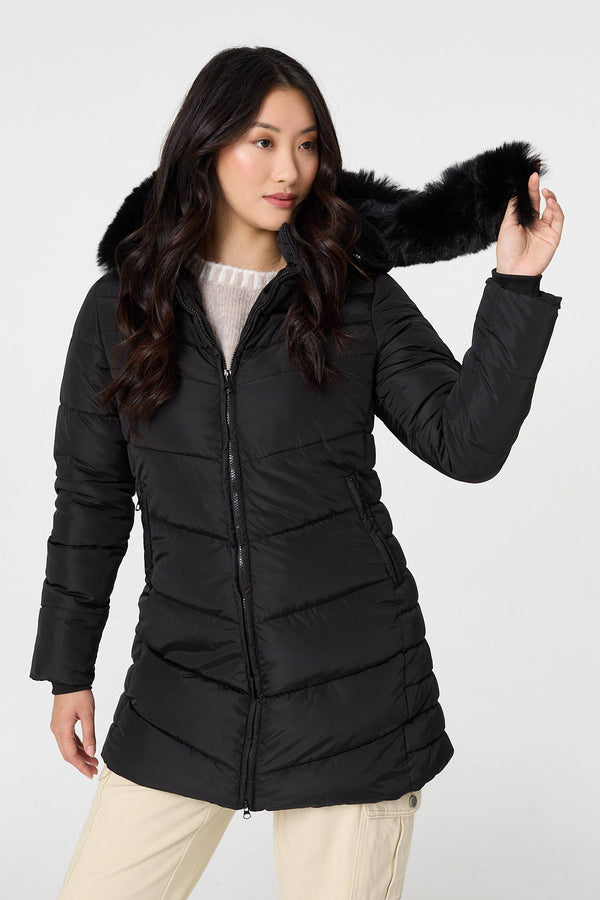 Black | Faux Fur Hooded Longline Puffer Jacket
