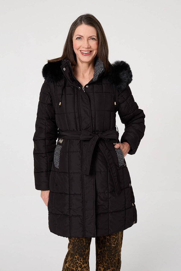 Black | Faux Fur Hooded Gilet Puffer Jacket : Model is 5'8"/172 cm and wears UK10/EU38/US6/AUS10