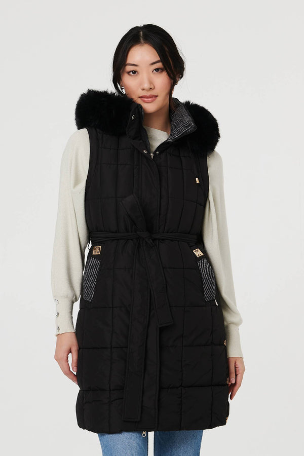 Black | Faux Fur Hooded Gilet Puffer Jacket : Model is 5'9"/175 cm and wears UK8/EU36/US4/AUS8