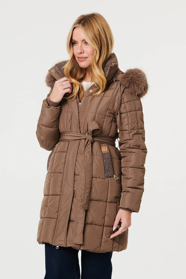 Tan | Faux Fur Hooded Gilet Puffer Jacket : Model is 5'10"/178 cm and wears UK8/EU36/US4/AUS8