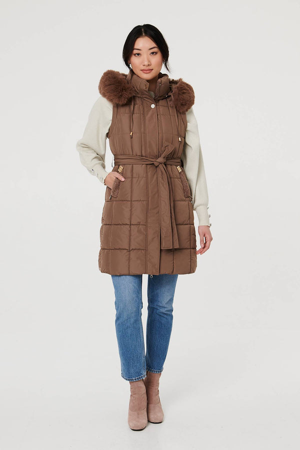 Tan | Faux Fur Hooded Gilet Puffer Jacket
