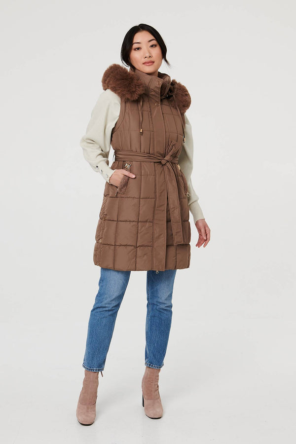 Tan | Faux Fur Hooded Gilet Puffer Jacket
