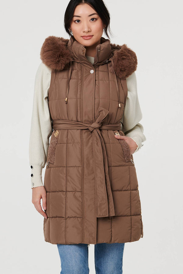 Tan | Faux Fur Hooded Gilet Puffer Jacket
