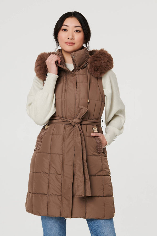 Tan | Faux Fur Hooded Gilet Puffer Jacket
