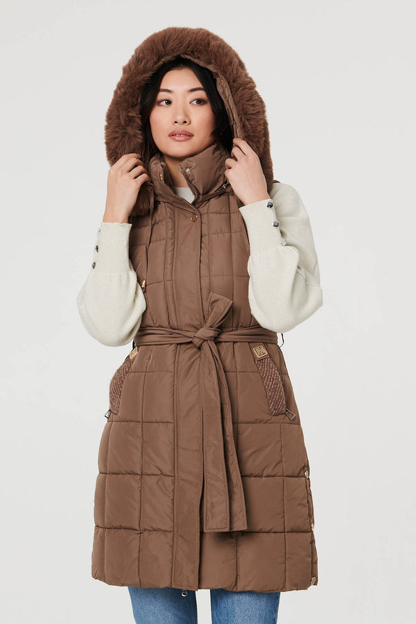 Tan | Faux Fur Hooded Gilet Puffer Jacket : Model is 5'9"/175 cm and wears UK8/EU36/US4/AUS8