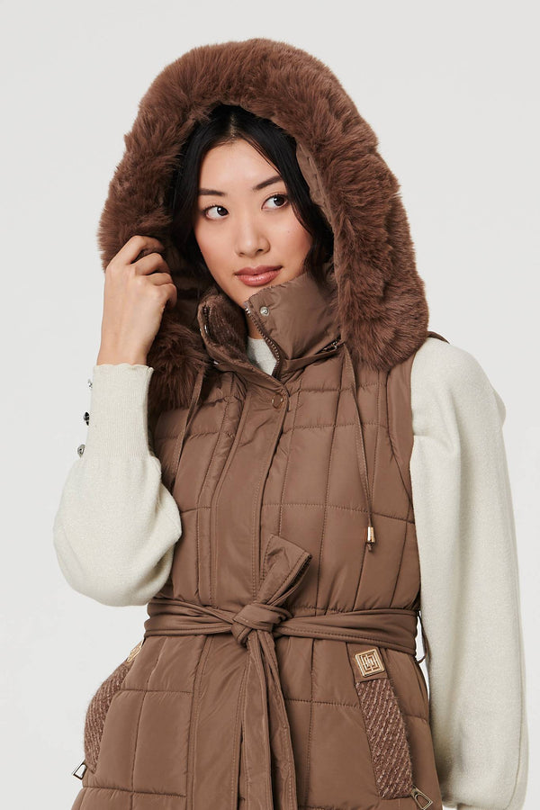 Tan | Faux Fur Hooded Gilet Puffer Jacket
