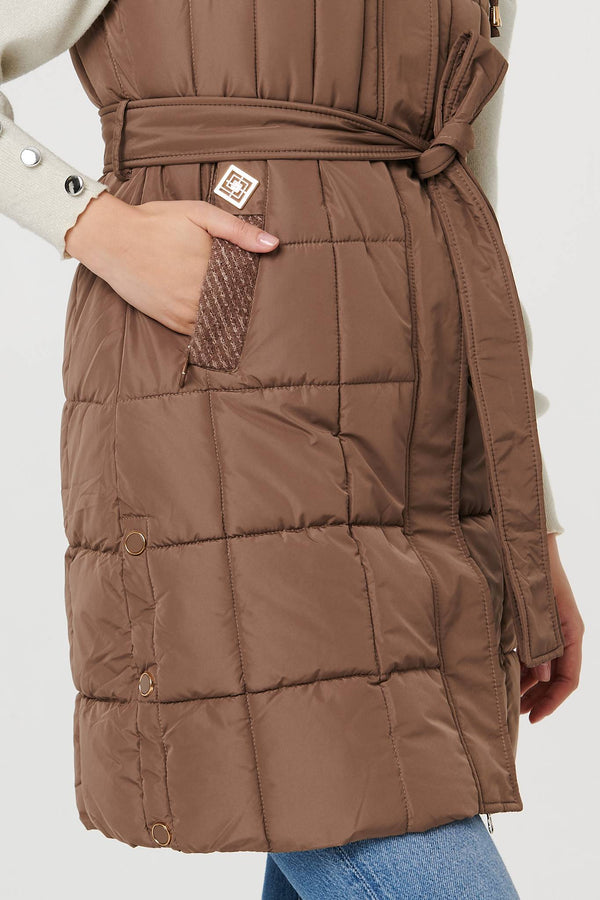 Tan | Faux Fur Hooded Gilet Puffer Jacket
