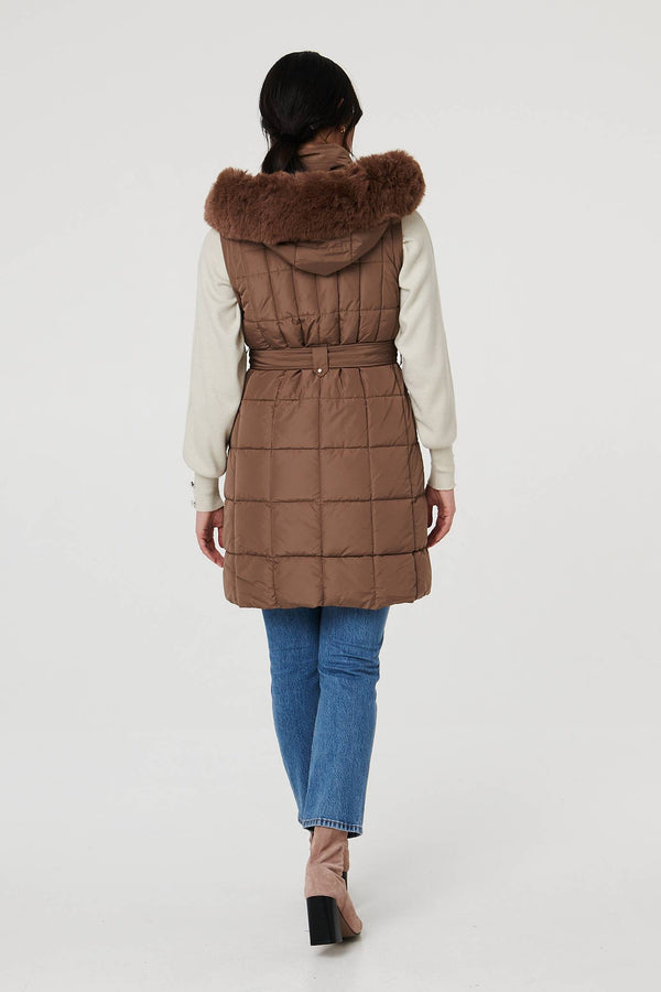 Tan | Faux Fur Hooded Gilet Puffer Jacket
