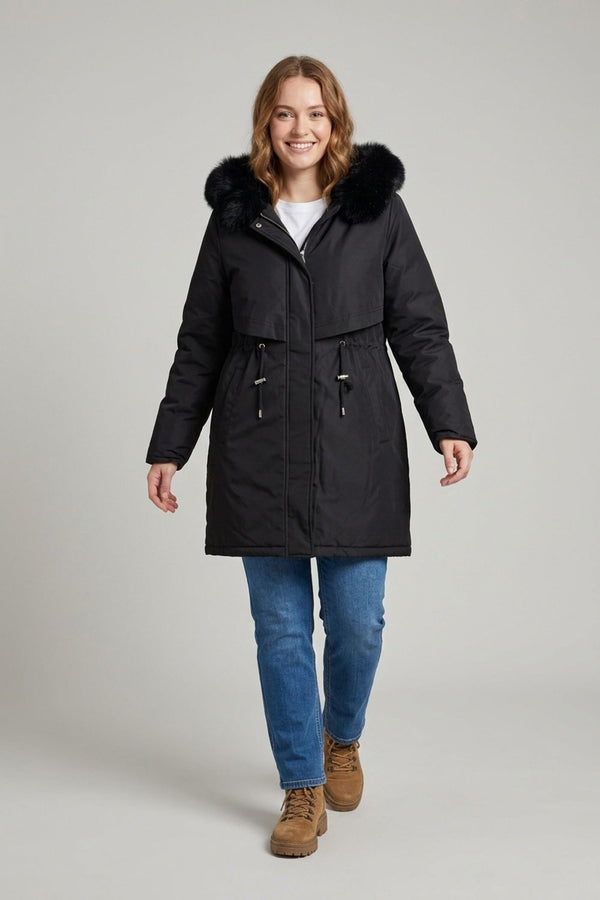 Black | Faux Fur Trim Hooded Thigh Length Coat