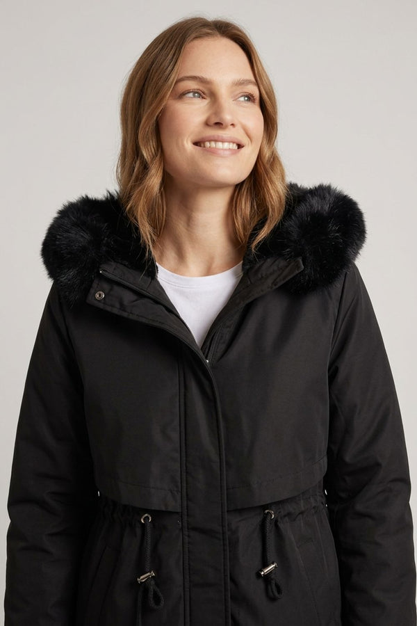 Black | Faux Fur Trim Hooded Thigh Length Coat