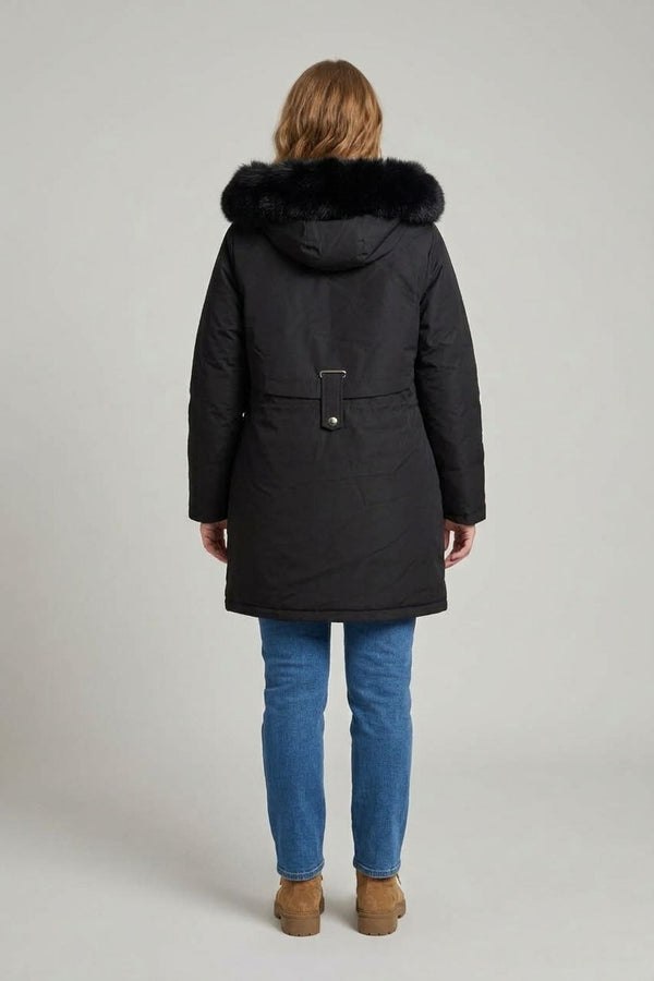 Black | Faux Fur Trim Hooded Thigh Length Coat