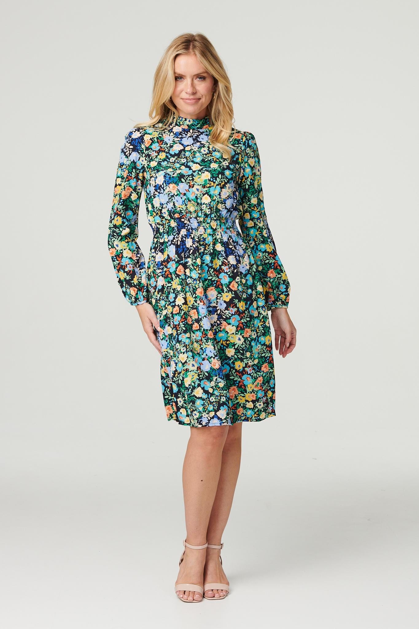 Navy | Ditsy Floral High Neck Tea Dress