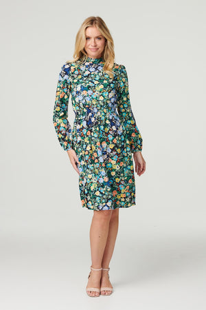 Navy | Ditsy Floral High Neck Tea Dress