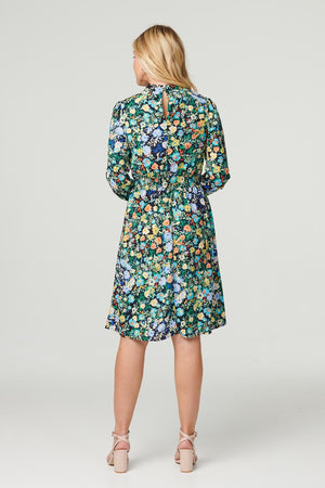 Navy | Ditsy Floral High Neck Tea Dress