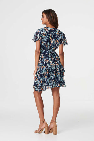 Navy | Floral Mini Wrap Skater Dress