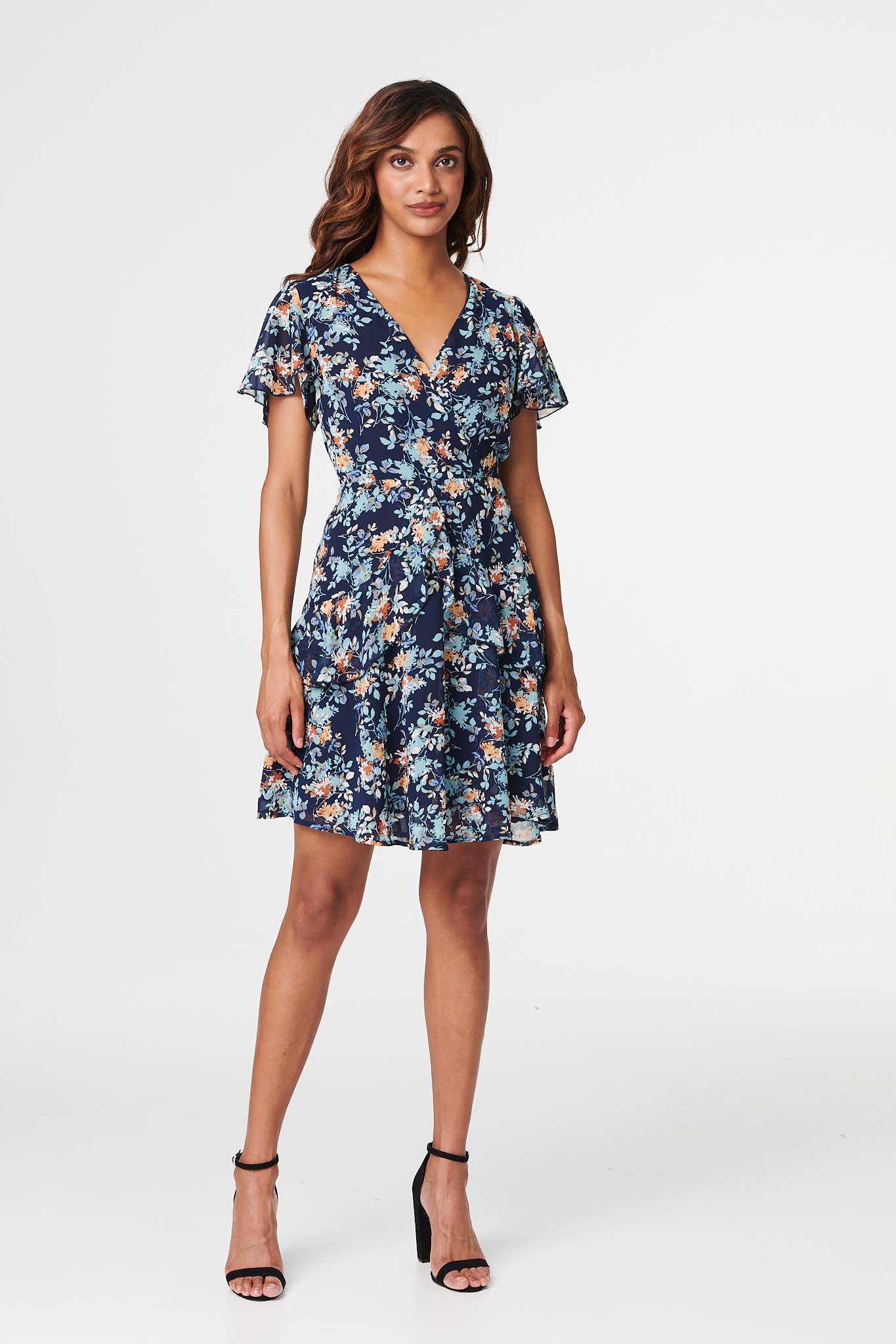 Navy | Floral Mini Wrap Skater Dress