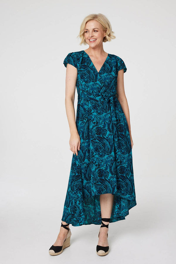 Green | Paisley Print High Low Wrap Dress