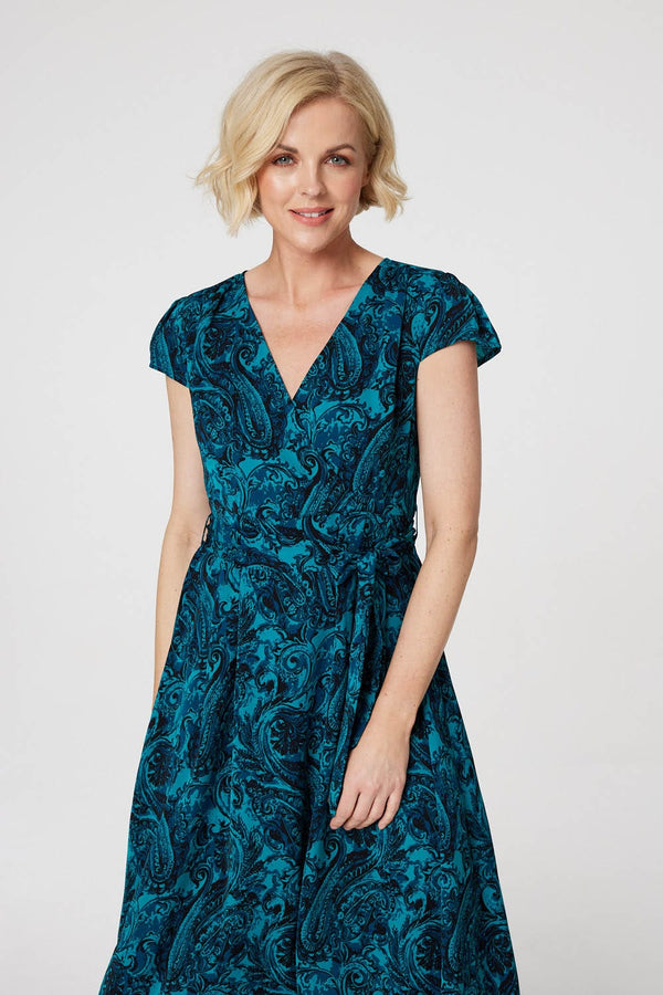 Green | Paisley Print High Low Wrap Dress