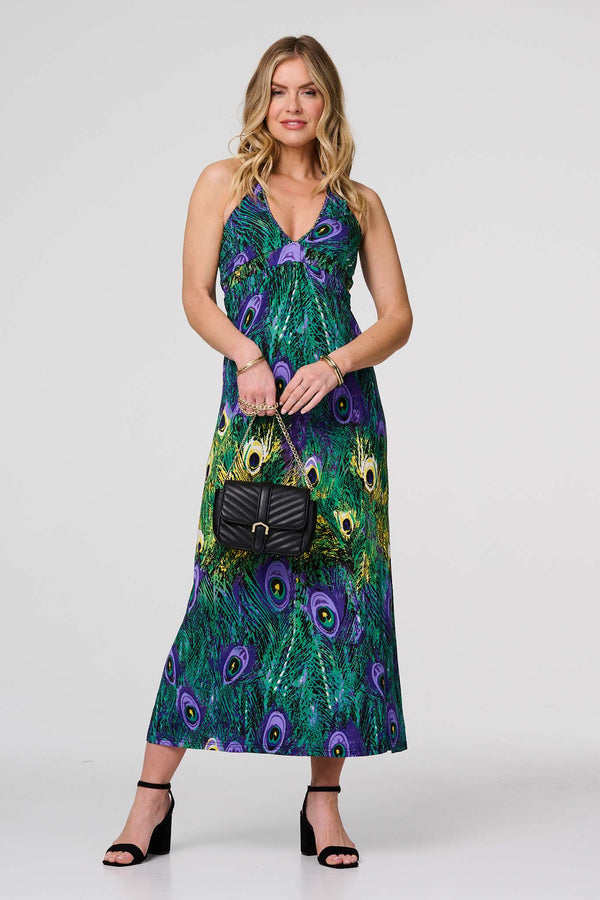 Green | Peacock Print Halterneck Maxi Dress : Model is 5'10"/178 cm and wears UK8/EU36/US4/AUS8