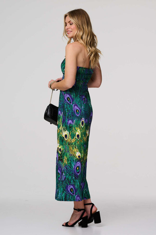 Green | Peacock Print Halterneck Maxi Dress