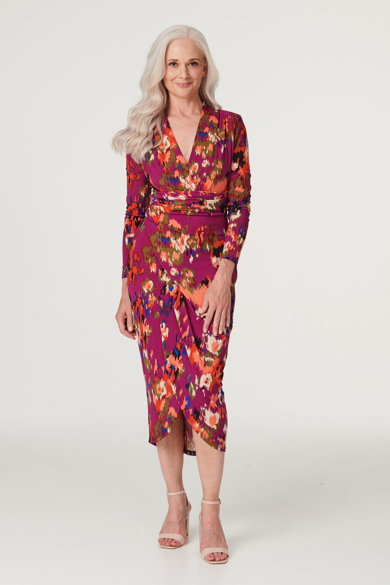 Printed V-Neck Ruched Waist Dress