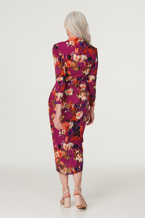 Printed V-Neck Ruched Waist Dress