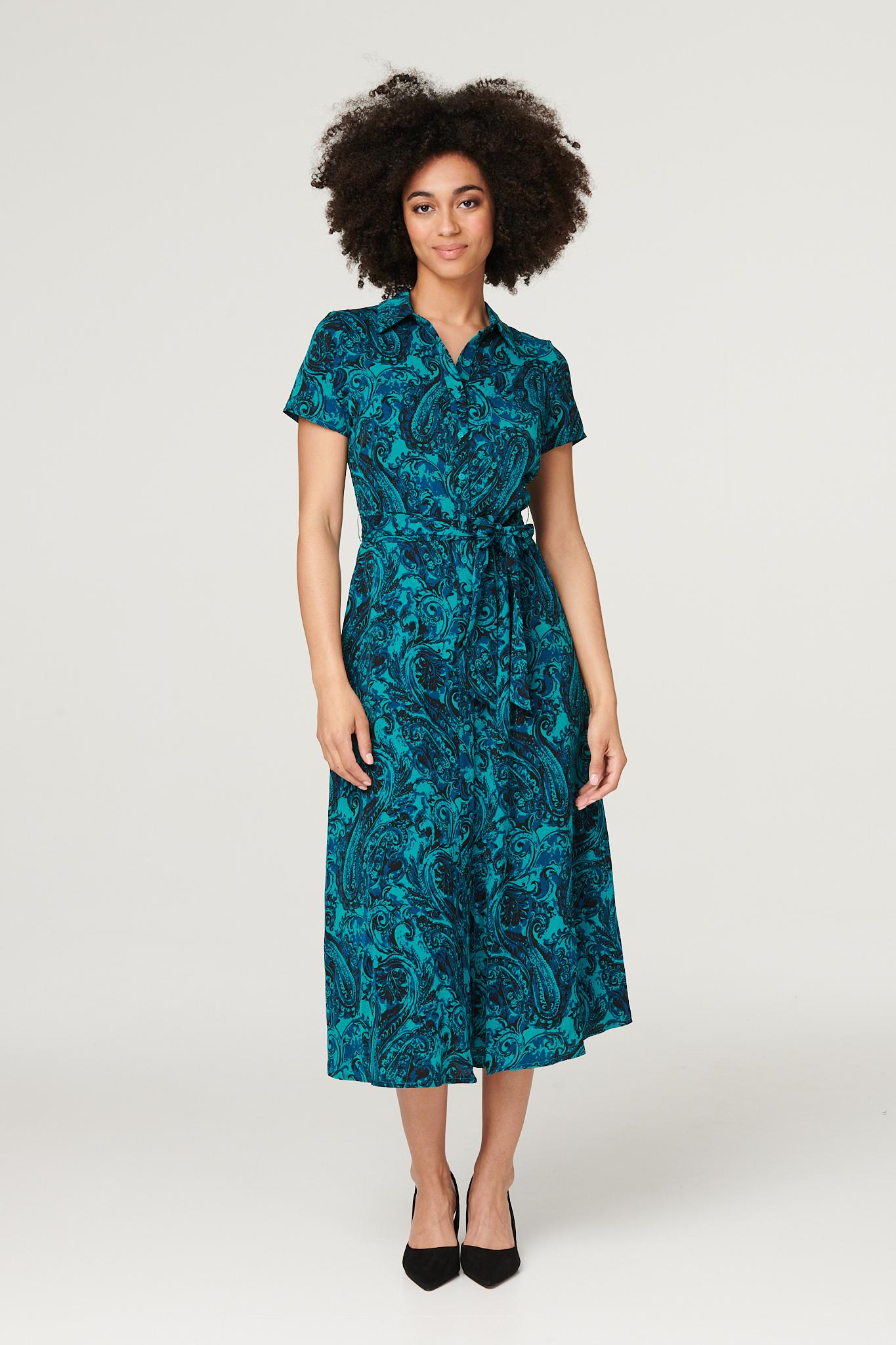 Green | Paisley Tie Waist Shirt Dress