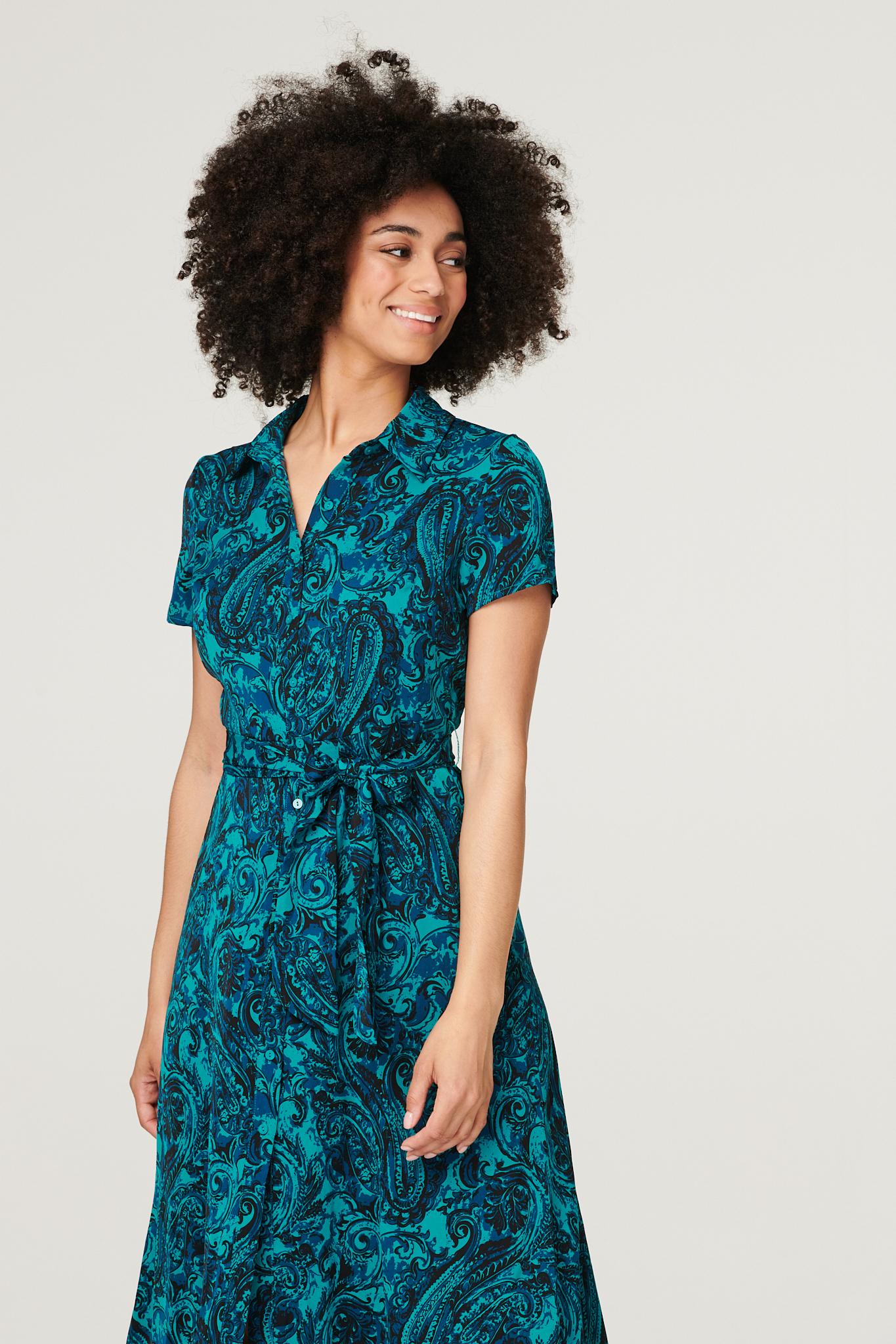 Green | Paisley Tie Waist Shirt Dress