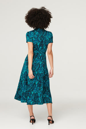 Green | Paisley Tie Waist Shirt Dress