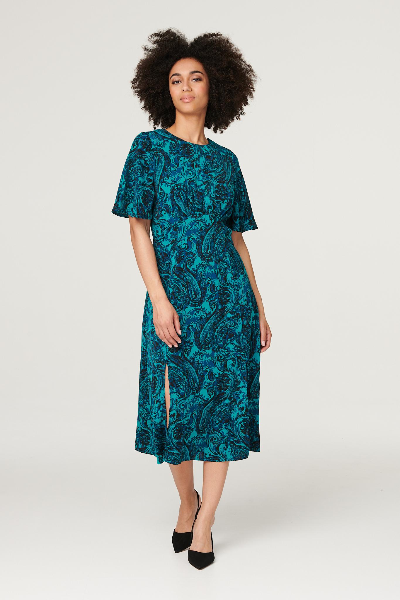 Green | Paisley Front Split Midi Dress