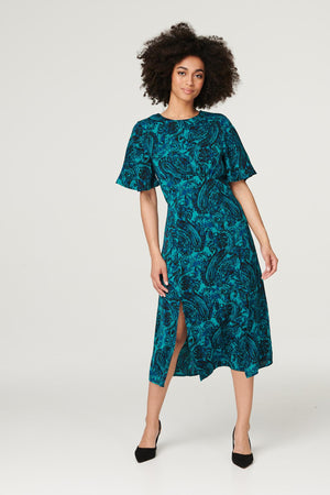 Green | Paisley Front Split Midi Dress