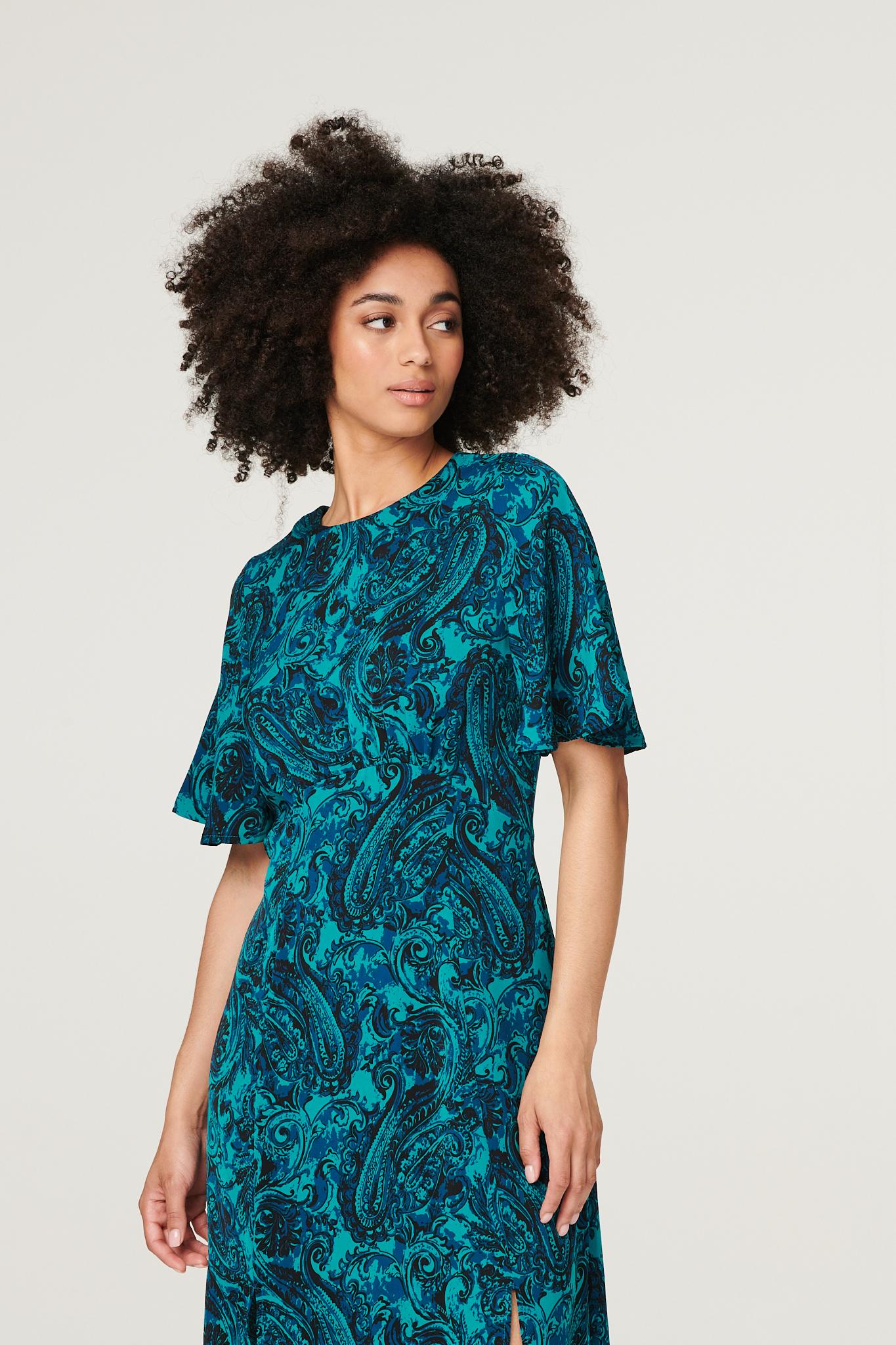 Green | Paisley Front Split Midi Dress