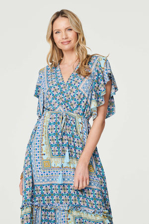 Blue | Printed Frill Sleeve Maxi Dress