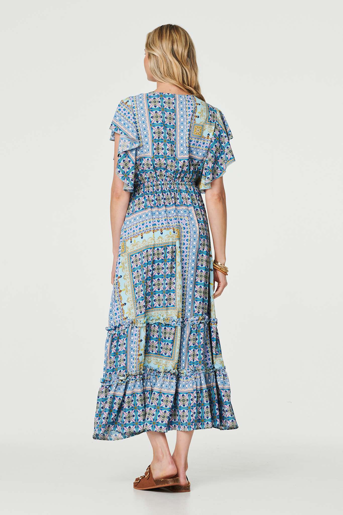 Blue | Printed Frill Sleeve Maxi Dress