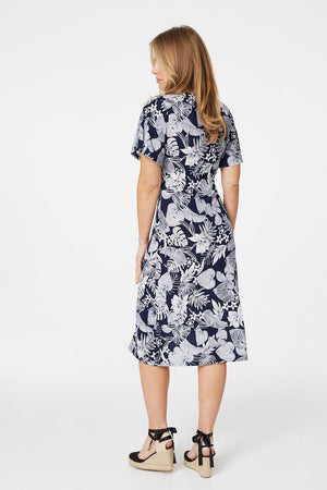 Navy | Leaf Print Front Split Midi Dress