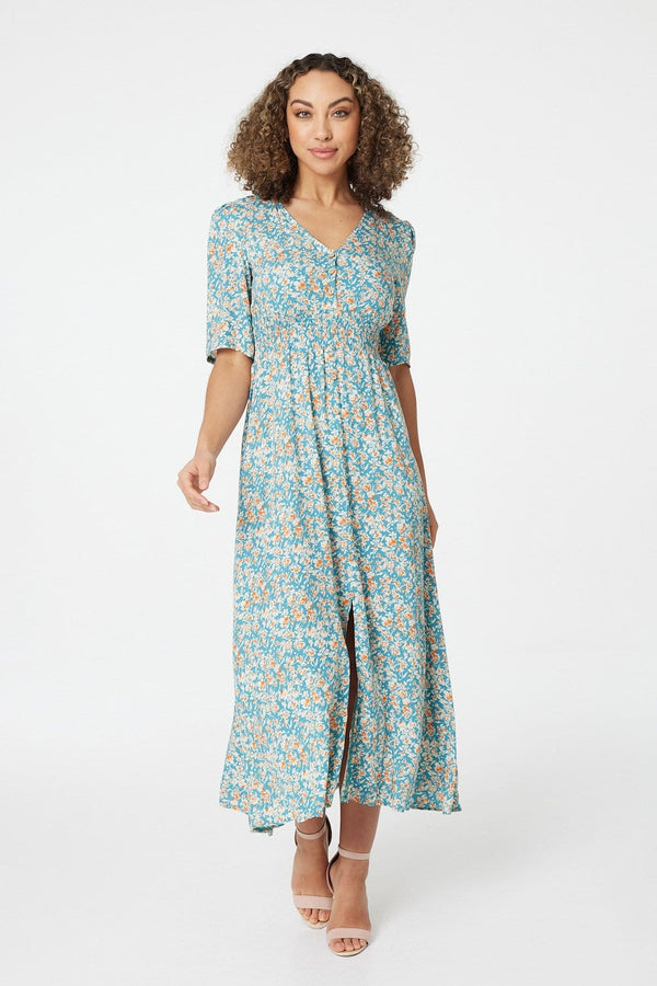 Teal | Floral 1/2 Sleeve Maxi Dress