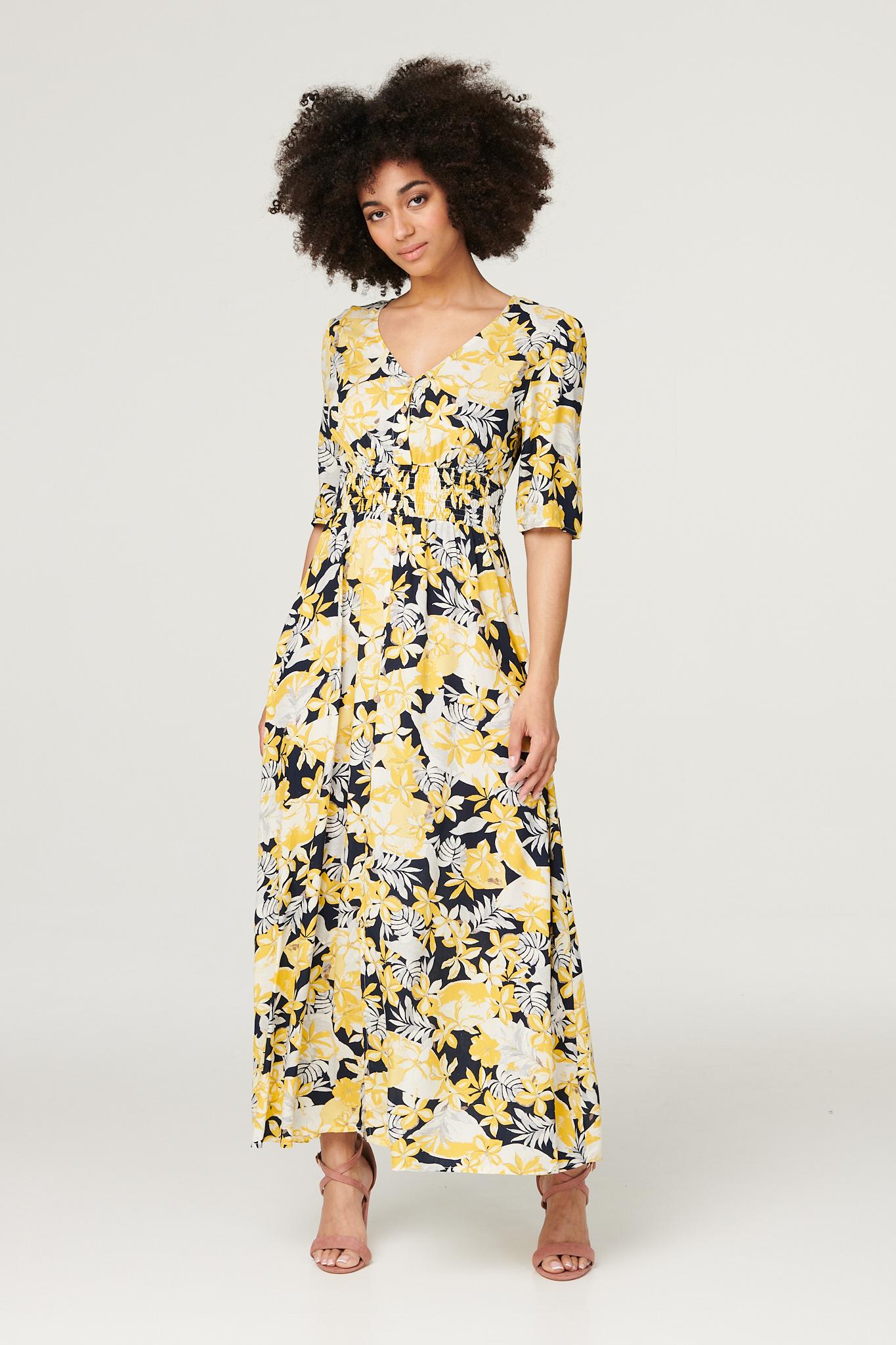 Navy | Tropical Print V-Neck Maxi Dress
