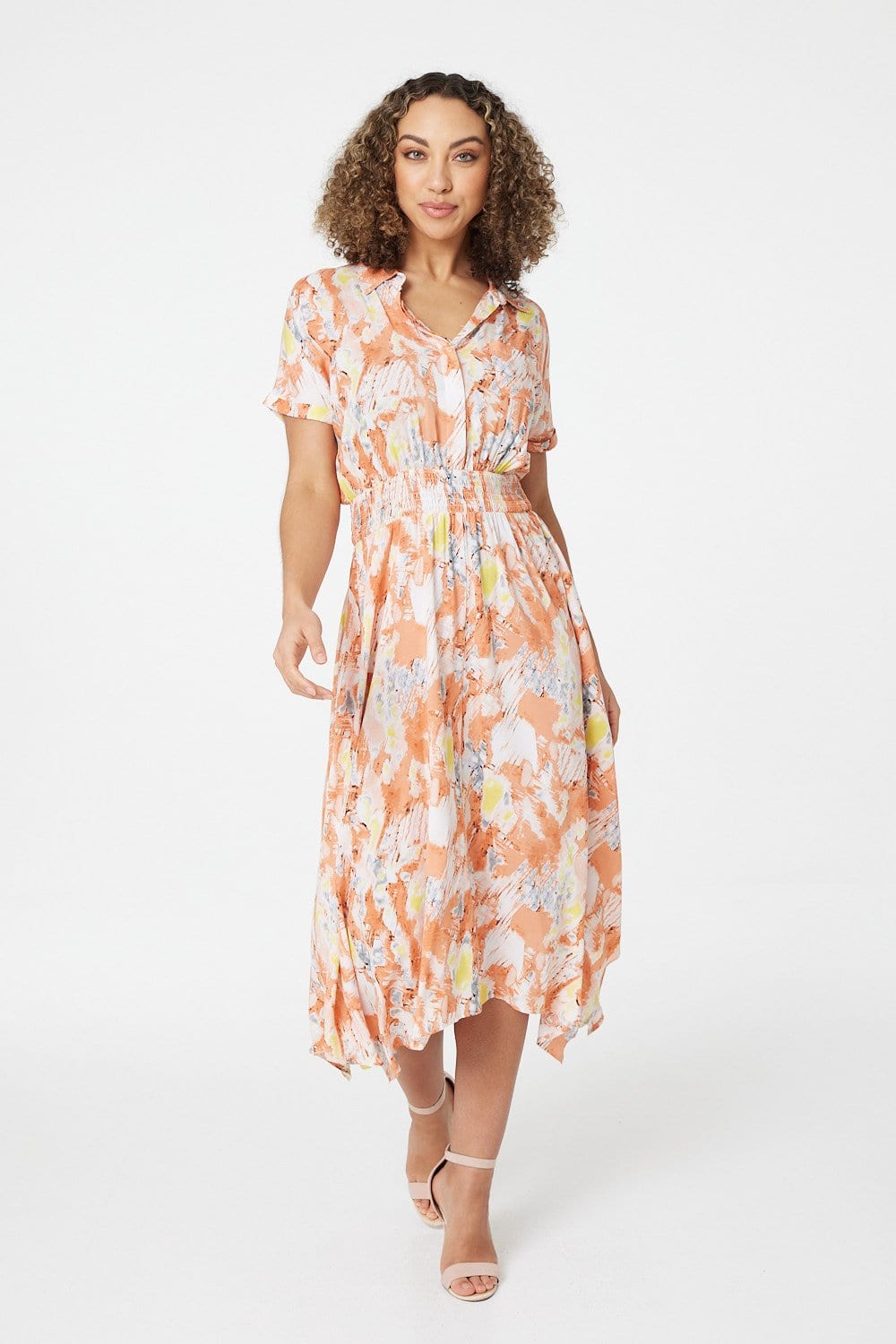 Orange | Printed Front Pocket Shirt Dress