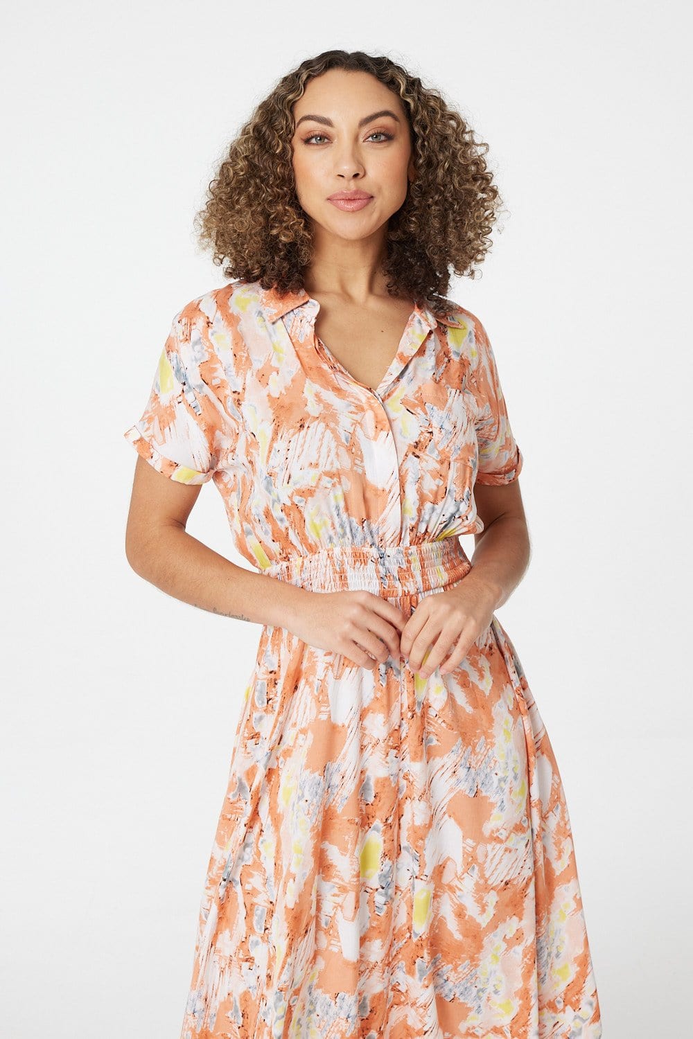 Orange | Printed Front Pocket Shirt Dress