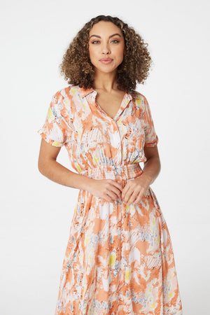Orange | Printed Front Pocket Shirt Dress