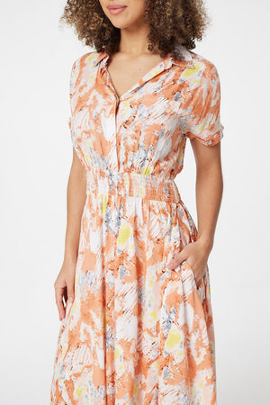 Orange | Printed Front Pocket Shirt Dress