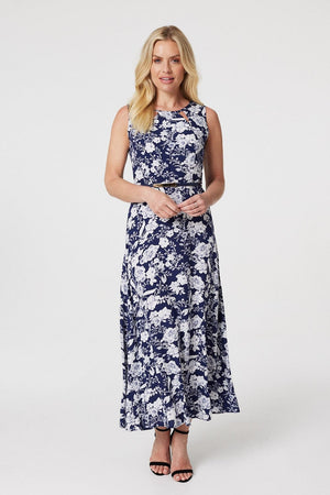 Navy | Floral Cut Out Detail Midi Dress
