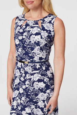 Navy | Floral Cut Out Detail Midi Dress