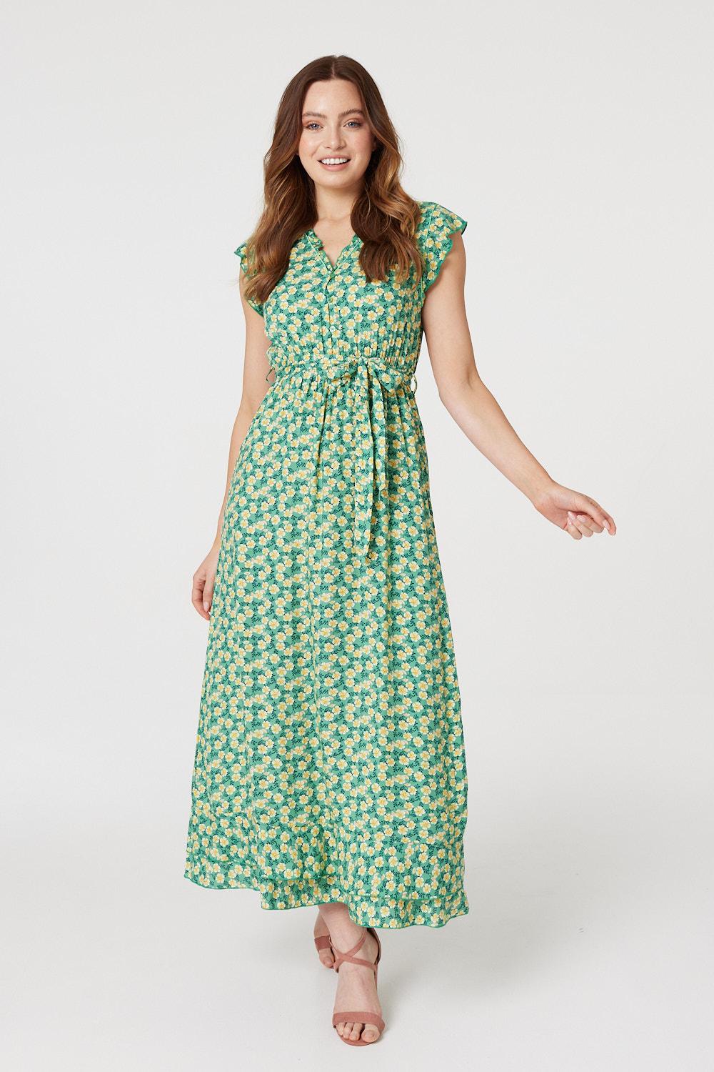 Green | Floral Frill Trim Midi Dress