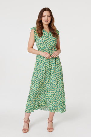 Green | Floral Frill Trim Midi Dress