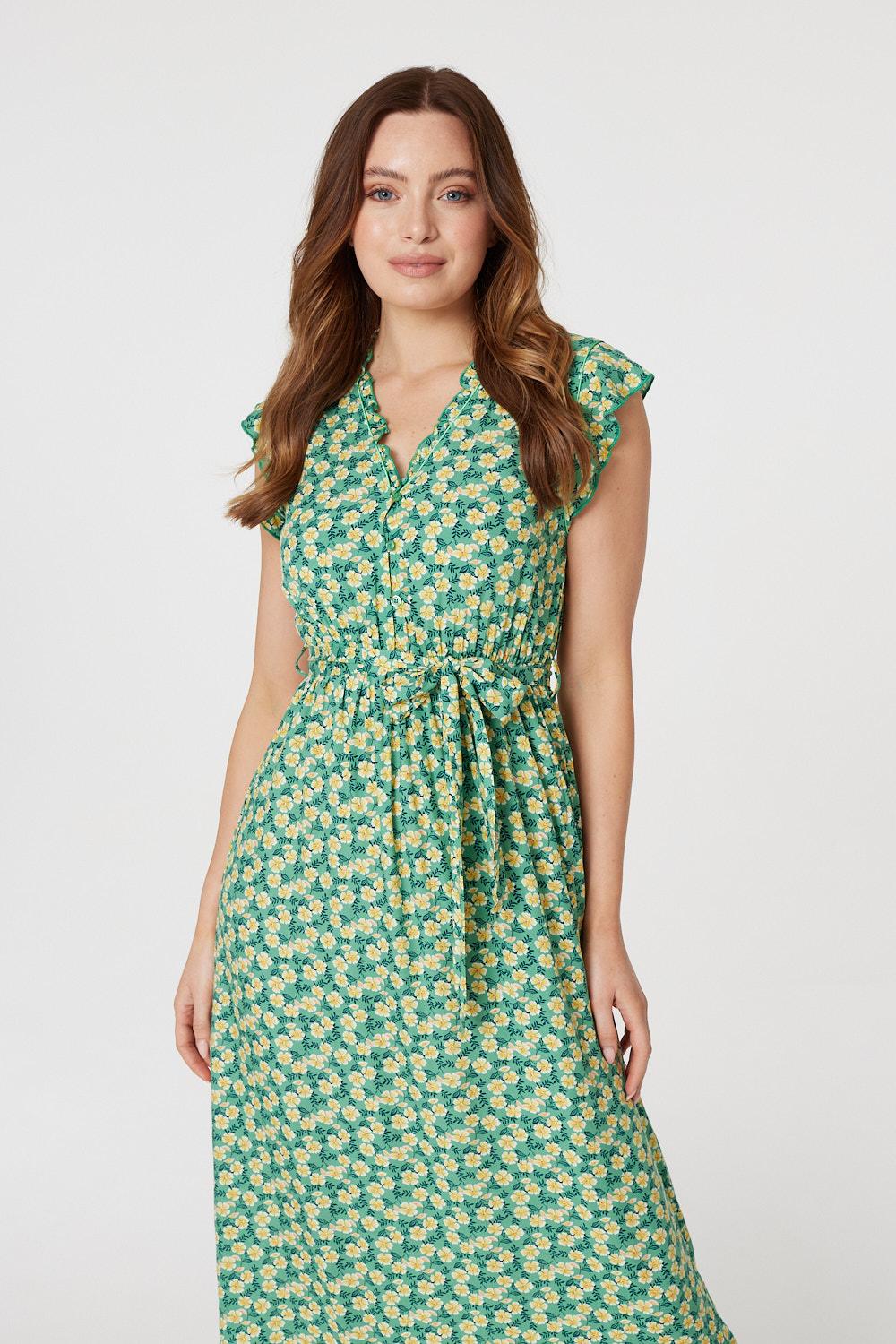 Green | Floral Frill Trim Midi Dress